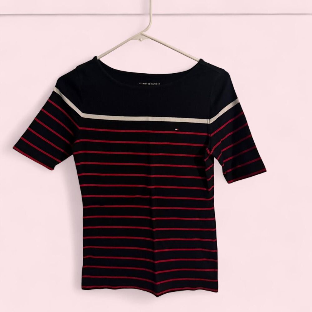 Tommy Hilfiger top shirt womens S blue red white striped boatneck knit casual